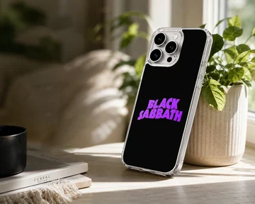 Black Sabbath bold typography design on a phone case — Lifestyle