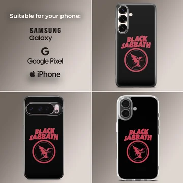 Black Sabbath logo with bold typography on phone case — Collage
