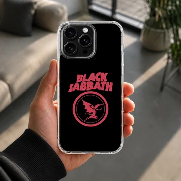 Black Sabbath logo with bold typography on phone case — Lifestyle