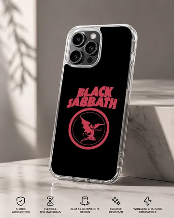 Black Sabbath logo with bold typography on phone case — Specs