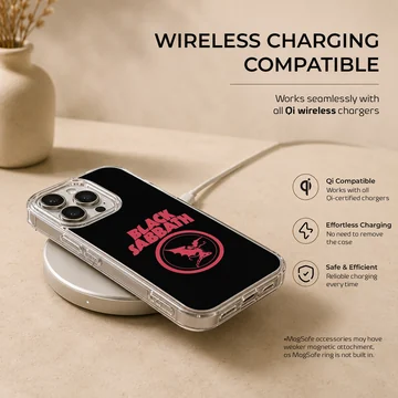 Black Sabbath logo with bold typography on phone case — Charging