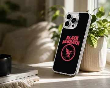 Black Sabbath logo with bold typography on phone case — Lifestyle