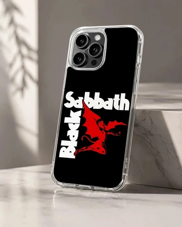 Black Sabbath phone case with bold logo design on black background.