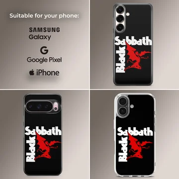 Black Sabbath phone case with bold logo design on black background. — Collage