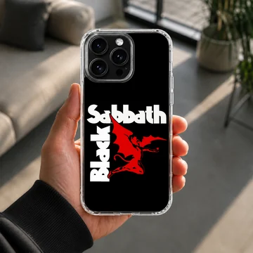 Black Sabbath phone case with bold logo design on black background. — Lifestyle