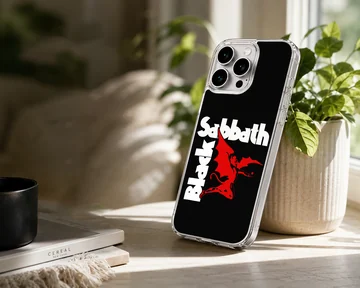 Black Sabbath phone case with bold logo design on black background. — Lifestyle