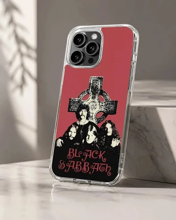 Black Sabbath artwork featuring band members and cross on phone case