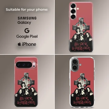Black Sabbath artwork featuring band members and cross on phone case — Collage