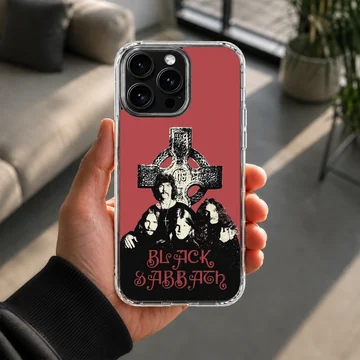 Black Sabbath artwork featuring band members and cross on phone case — Lifestyle
