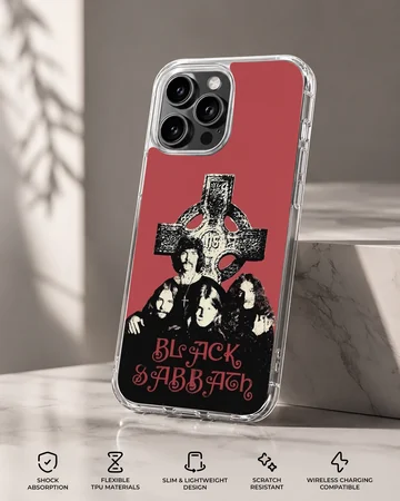 Black Sabbath artwork featuring band members and cross on phone case — Specs
