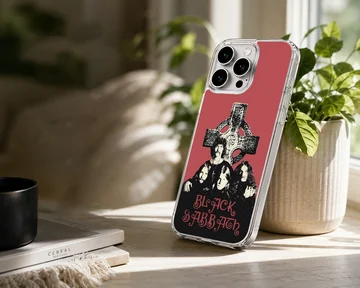Black Sabbath artwork featuring band members and cross on phone case — Lifestyle