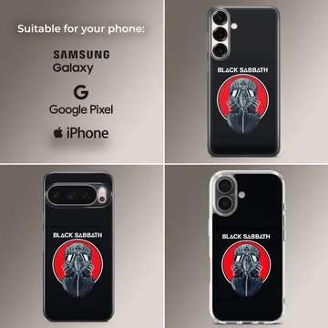 Black Sabbath band logo on phone case with bold red and black design. — Collage