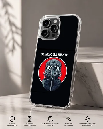 Black Sabbath band logo on phone case with bold red and black design. — Specs