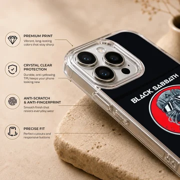 Black Sabbath band logo on phone case with bold red and black design. — Info