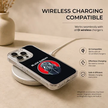 Black Sabbath band logo on phone case with bold red and black design. — Charging
