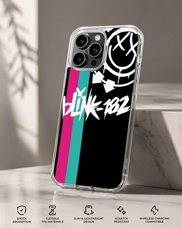 Phone case with Blink 18 bold typography in black, white, red design — Specs