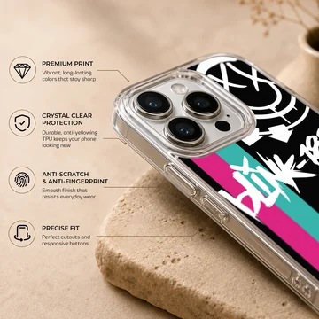 Phone case with Blink 18 bold typography in black, white, red design — Info