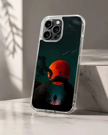 Blood Moon surreal artwork featuring a figure under a red moon on a phone case