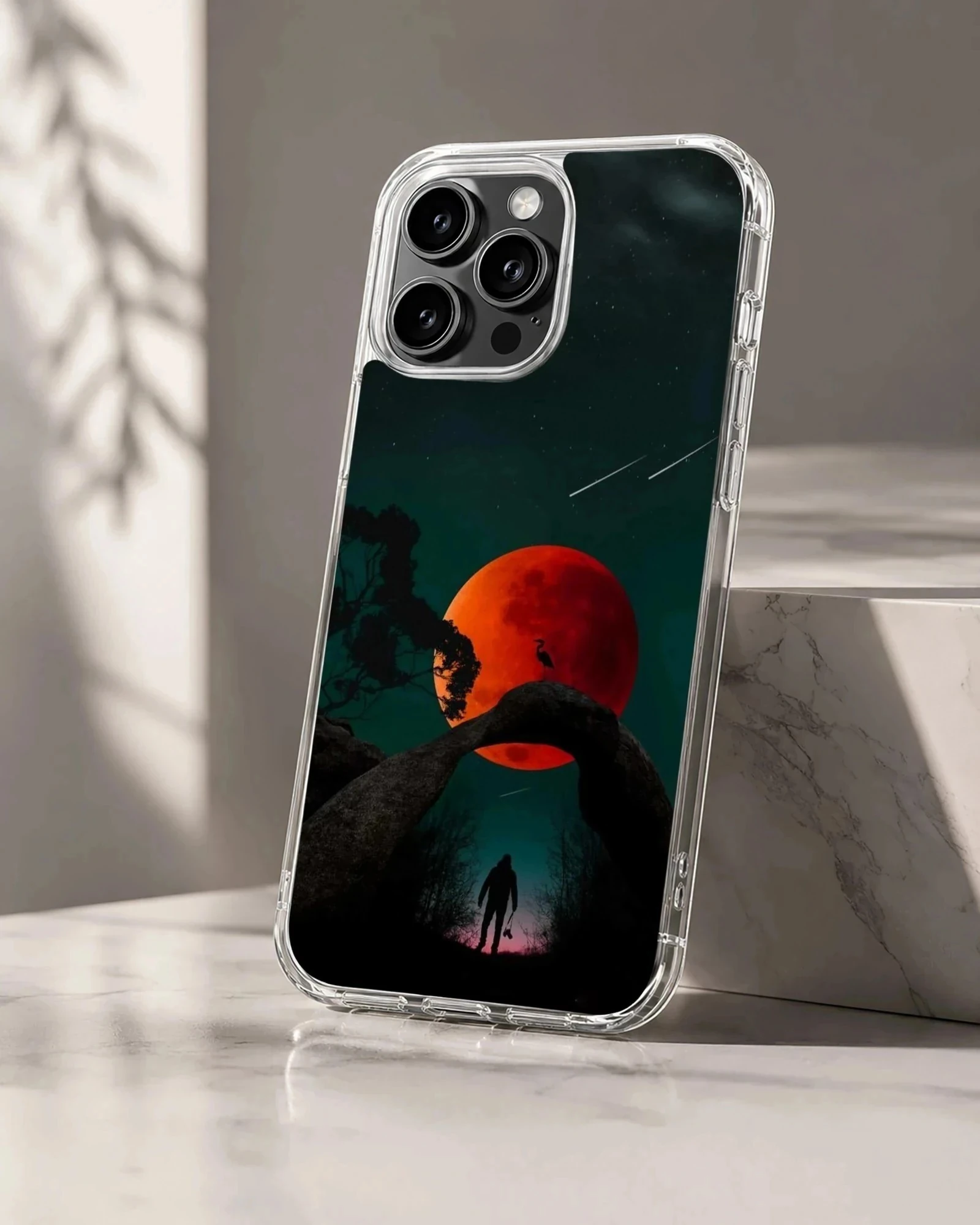 Blood Moon surreal artwork featuring a figure under a red moon on a phone case