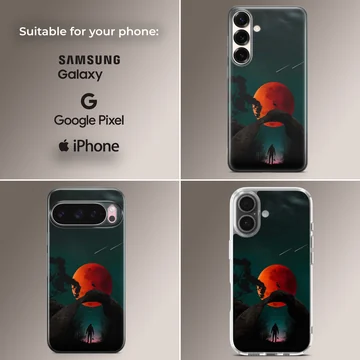 Blood Moon surreal artwork featuring a figure under a red moon on a phone case — Collage