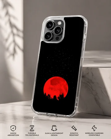 Blood moon with surreal nightscape design on phone case — Specs