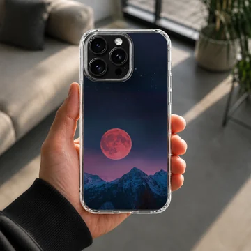 Surreal Blood Moon night sky with mountain silhouette phone case — Lifestyle