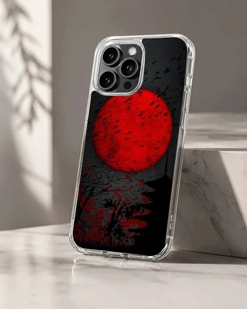 Blood Moon phone case with red moon and surreal landscape design