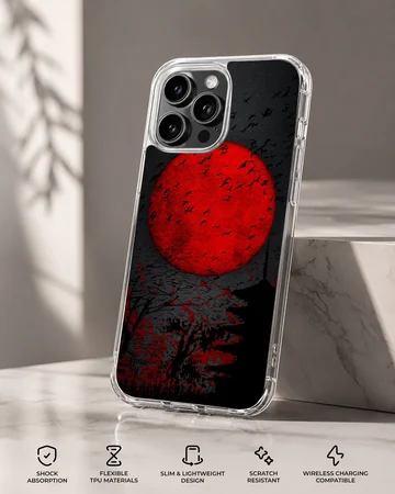 Blood Moon phone case with red moon and surreal landscape design — Specs