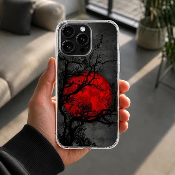 Blood Moon phone case with surreal art of a red moon and branches — Lifestyle