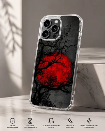 Blood Moon phone case with surreal art of a red moon and branches — Specs