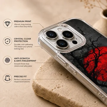 Blood Moon phone case with surreal art of a red moon and branches — Info