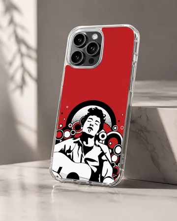 Illustration of Bob Dylan against a red background on a phone case — Hero