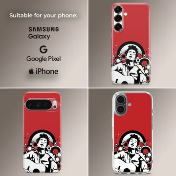 Illustration of Bob Dylan against a red background on a phone case — Collage