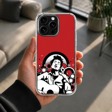 Illustration of Bob Dylan against a red background on a phone case — Lifestyle