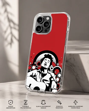 Illustration of Bob Dylan against a red background on a phone case — Specs