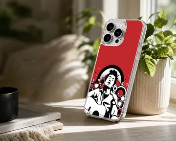Illustration of Bob Dylan against a red background on a phone case — Lifestyle