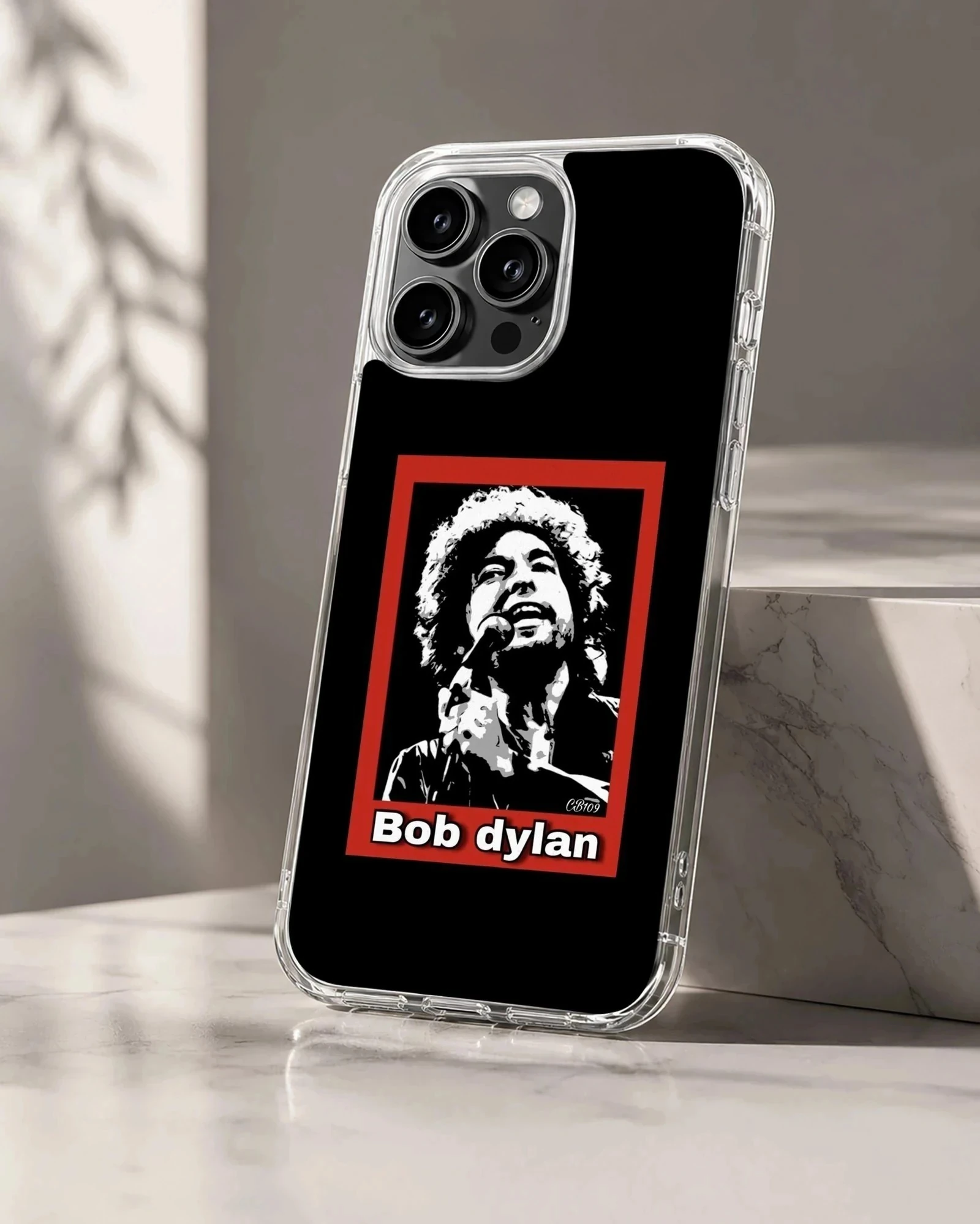Bob Dylan portrait with bold typography on phone case