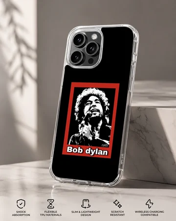 Bob Dylan portrait with bold typography on phone case — Specs