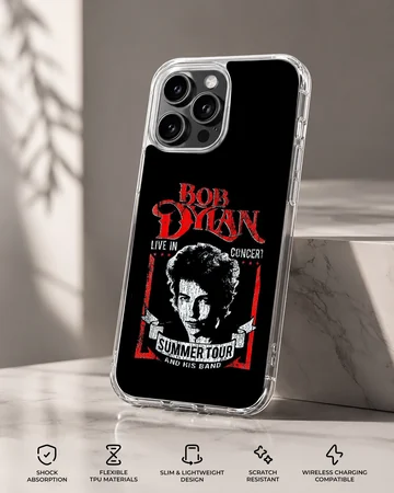 Bob Dylan tribute design featuring concert text, phone case — Specs
