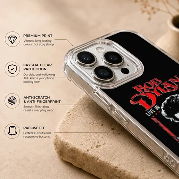 Bob Dylan tribute design featuring concert text, phone case — Info