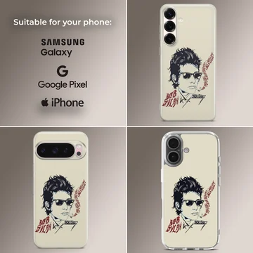 Bob Dylan illustration with bold typography on phone case — Collage