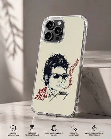 Bob Dylan illustration with bold typography on phone case — Specs