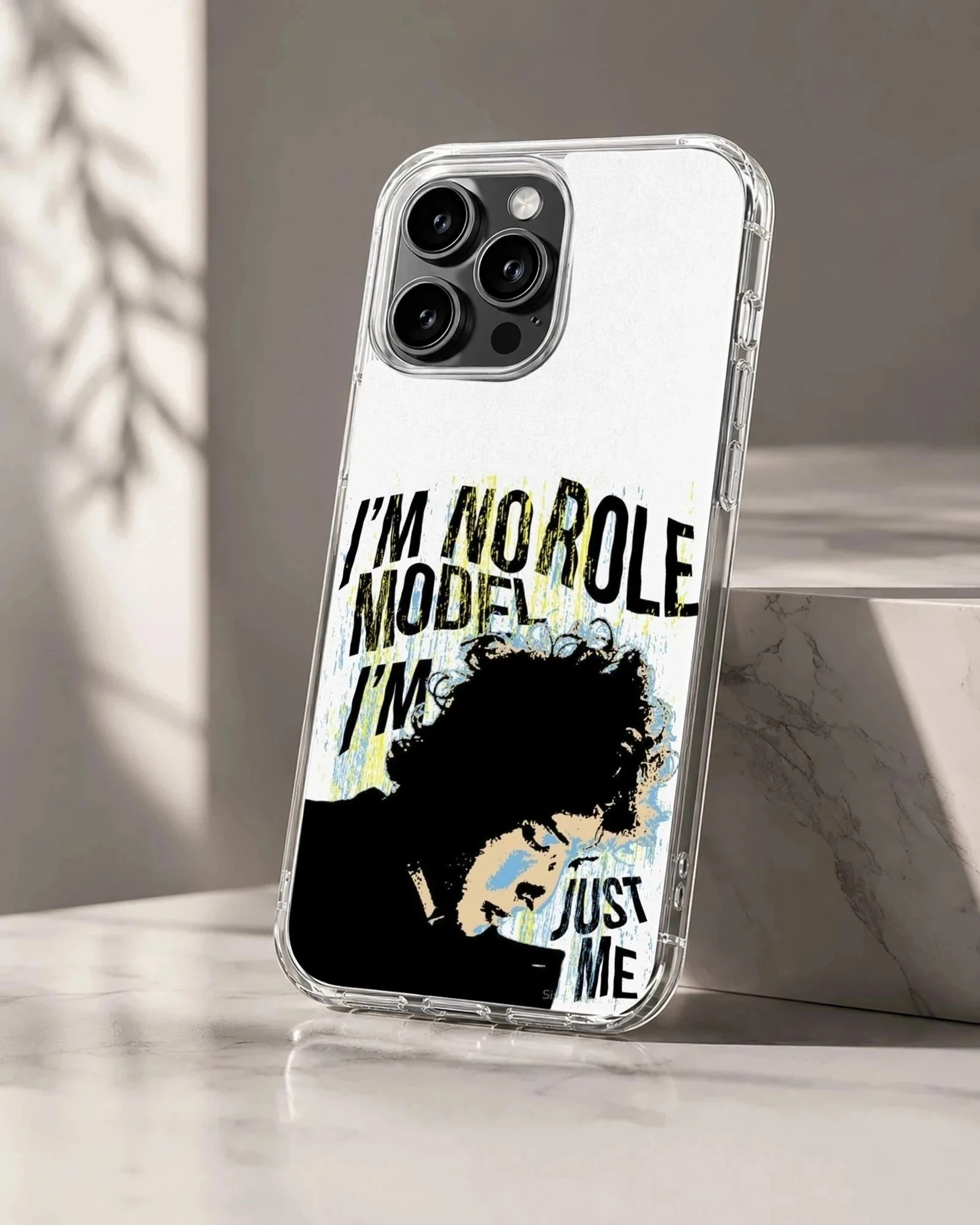 Bob Dylan 'No Role Model' phone case showing bold typography.