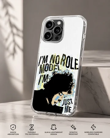 Bob Dylan 'No Role Model' phone case showing bold typography. — Specs