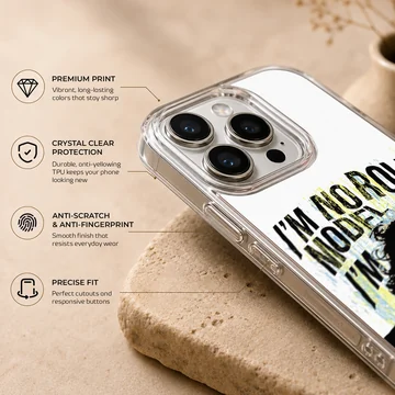 Bob Dylan 'No Role Model' phone case showing bold typography. — Info