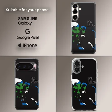 Bob Dylan tribute design on a phone case, featuring iconic imagery. — Collage