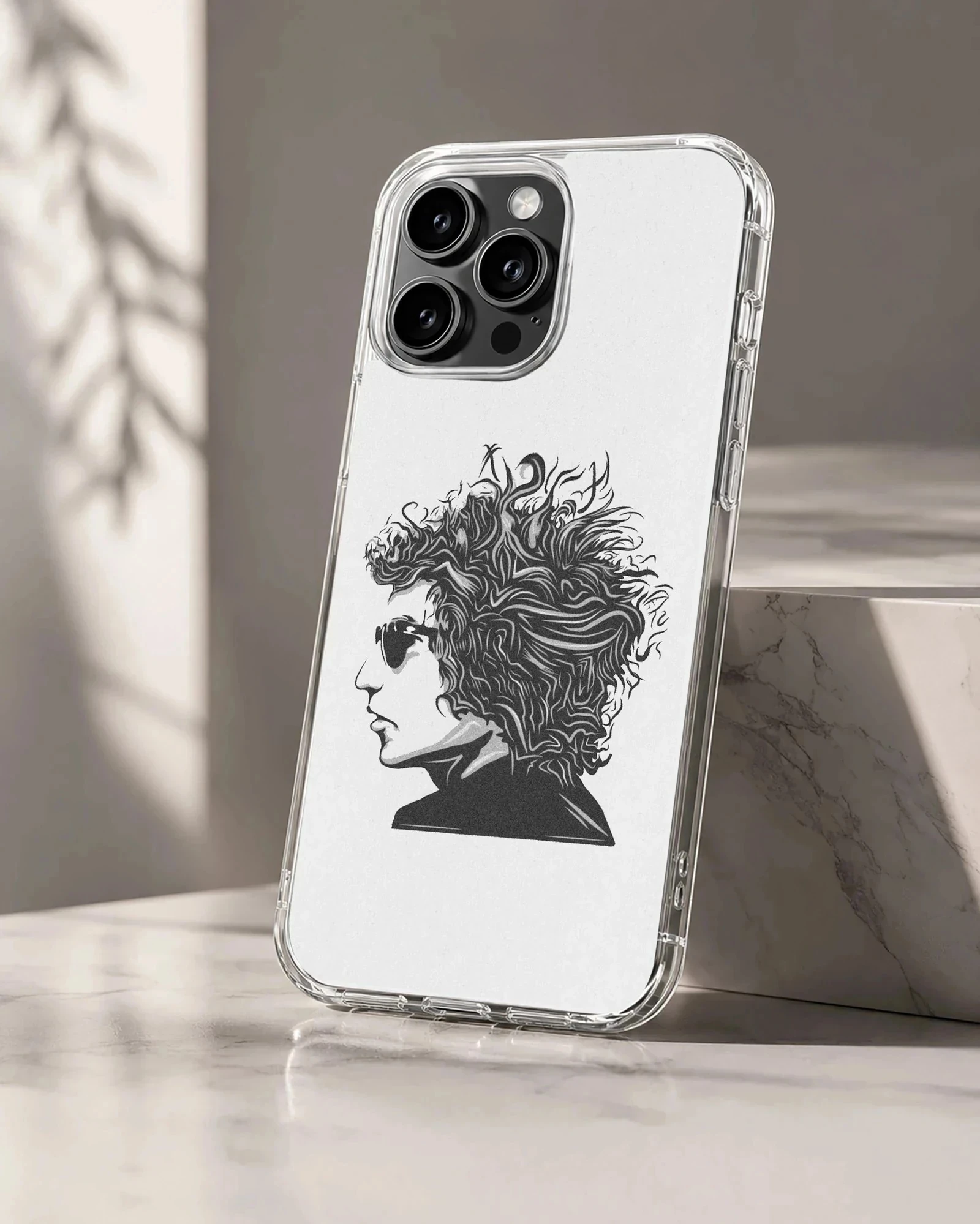 Black and white illustration of Bob Dylan on a phone case