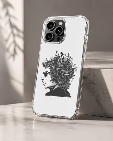 Black and white illustration of Bob Dylan on a phone case — Hero