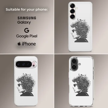 Black and white illustration of Bob Dylan on a phone case — Collage