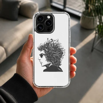 Black and white illustration of Bob Dylan on a phone case — Lifestyle